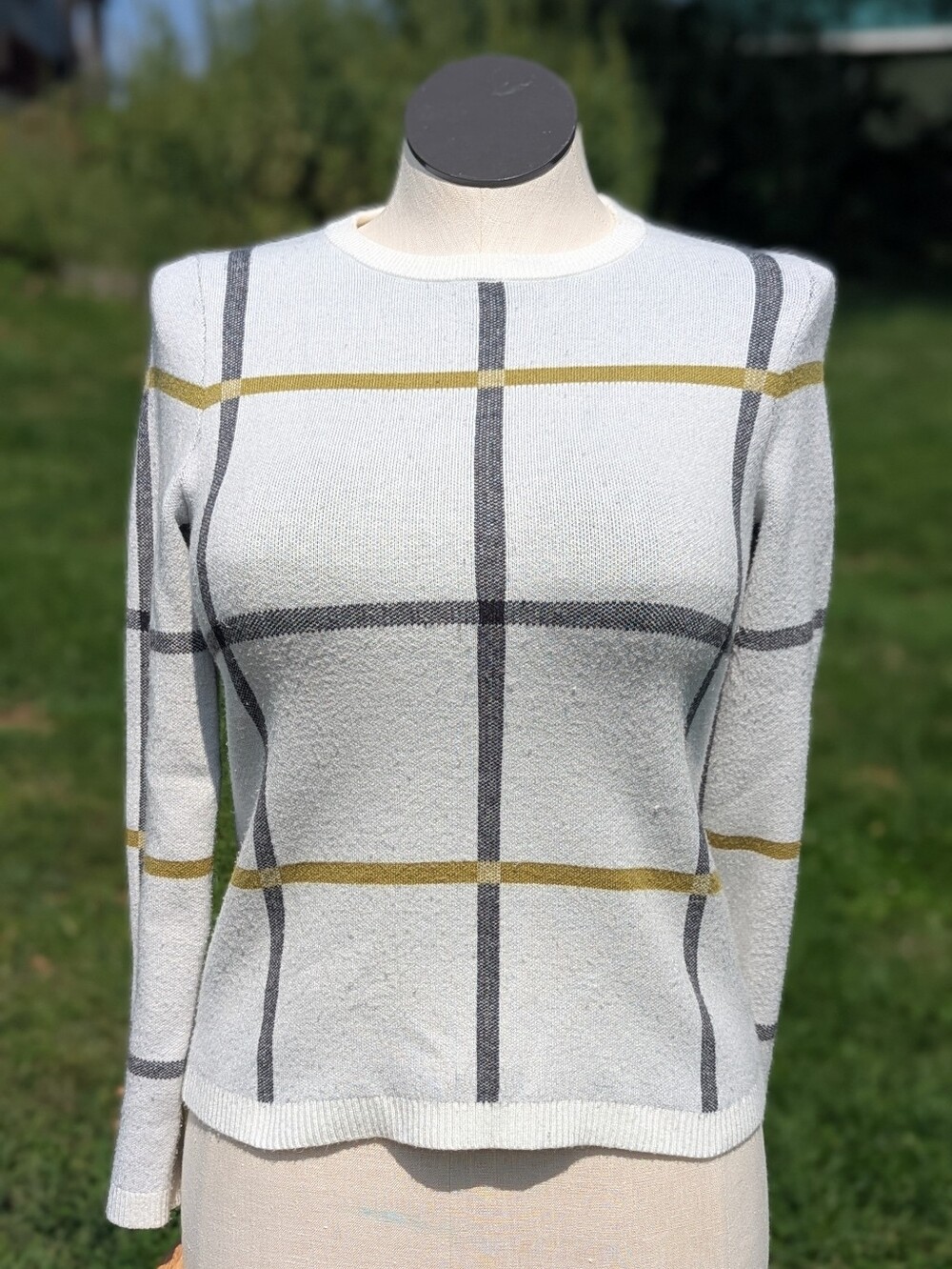 Adrienne Vittadini White Plaid Crewneck Sweater with Gray and Mustard Stripes